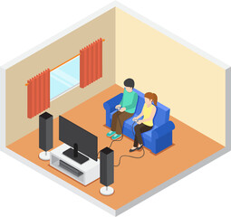 Wall Mural - Flat 3d isometric man and woman playing video game in the living room.