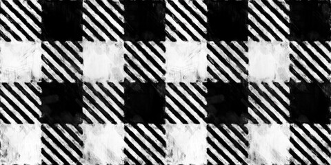 Seamless painted simple plaid checker black and white artistic acrylic paint texture background. Tileable hand drawn grunge gingham lumberjack menswear motif or picnic blanket surface pattern design.