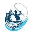 Fisherman caught pike emblem. Sport fishing, outdoor activities logo or badge. Vector illustration