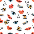 Abstract hand drawn irregular seamless pattern with human eyes,noses and lips.Colorful modern background and texture for printing on fabric and paper.Vector flat cartoon illustration.