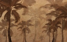 Sepia Palm Trees Landscape Wallpaper Design, Modern Wallpaper, Scandinavian Style, Texture, Vintage, Mural Art.