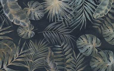 Canvas Print - blue monochrome large tropical leaves, exotic wallpaper design, pointed leaves, palm leaves, watercolor effect, modern wallpaper, mural art.