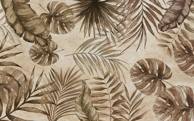 Wall Mural - sepia large tropical leaves, exotic wallpaper design, pointed leaves, palm leaves, watercolor effect