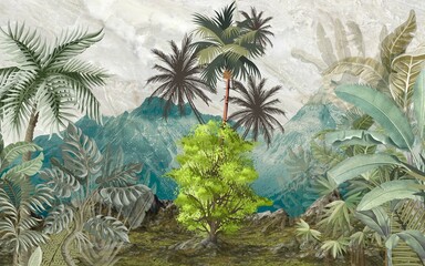 Wall Mural - mountain and tree landscape wallpaper design, colorful background, tropical trees, palm, banana tree