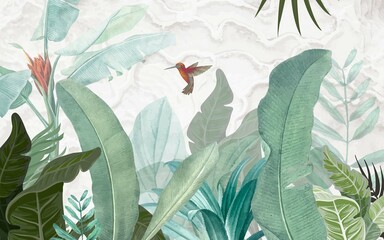 Wall Mural - big banana leaves and hummingbird wallpaper design, marble pattern background, watercolor effect, mu