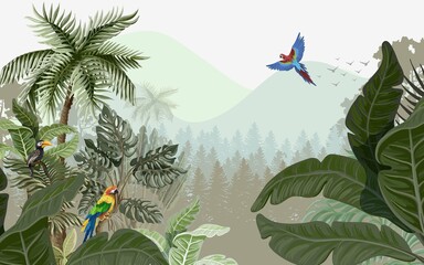 Poster - forest landscape wallpaper design, parrots and palm trees, big leaves, mountain scenery, mural art.