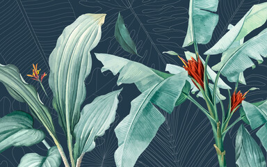 Wall Mural - tropical plants wallpaper design, banana leaf, big leaf, bacground, mural art.