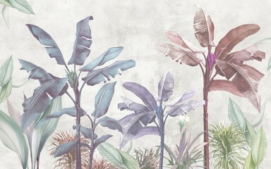 Wall Mural - tropical trees wallpaper design, banana leaf, landscape, pastel tones, mural art.