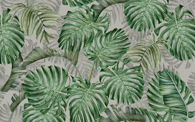 Wall Mural - green large tropical leaf wallpaper design, watercolor effect, green monochrome, modern wallpaper de