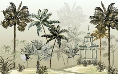 hand drawn forest landscape wallpaper design, long beaked bird, arbor, chinese architecture, tall pa