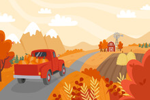 Autumn Countryside Landscape With A Red Car With Pumpkins On The Road. Farm, Field With Haystacks, Trees And Mountains. Fall Background. Flat Style Vector Illustration.