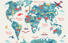 Map Of The World Wallpaper Design For Children's Room. Cute Design, Animals And Builds, Culture, Mural Art.