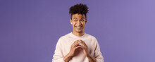 Close-up Portrait Of Creative Young Hispanic Guy Steeple Fingers While Making-up Great Plan Or Joke, Look Away Daydreaming, Scheming Something, Have Idea, Stand Purple Background