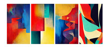 Four Abstract Wall Art Paintings In A Beautiful Vibrant Musical Rhythmic Flow Of Primary And Secondary Colors Printed On A Retro / Vintage Paper Stock, In Portrait Orientation. Art By Simon Fletcher