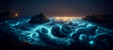 Night Fantasy Seascape With Beautiful Waves And Foam Digital Art Illustration Painting Hyper Realistic