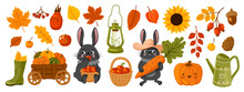 Black Bunny Cartoon Characters, Pumpkin, Apple, Foliage. Farming, Gardening, Fall Season Design Elements. Autumn Harvest Set. Vector Flat Illustration.