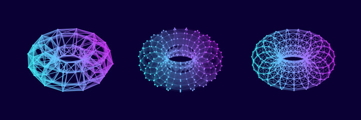Poster - set of color wireframe torus. 3d geometric forms. realistic isolated model. vector isometric shapes.