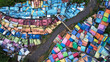 Aerial view of the old slum village Jodipan with colorful houses in Malang city.