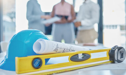 Poster - Construction, building design and architect blueprint of industrial engineer architecture project. Contractor, builder and buildings maintenance gear with spirit level and safety level for work team
