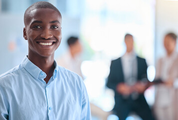 Poster - Portrait of smiling face of business man working at corporate company, leadership of African businessman in meeting at office. Black manager, employee or worker proud of startup and teamwork