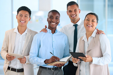 Poster - Planning, diversity business people portrait and digital marketing workers with a vision for success, innovation and project management. Teamwork, collaboration and writing in notebook or tablet tech