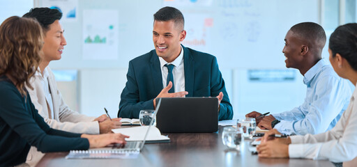 Leinwandbilder - Diversity business meeting, manager with laptop and collaboration teamwork in an office or corporate company. Man and woman working on project management strategy, idea and planning seo analytics