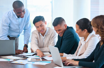 Leinwandbilder - Teamwork, collaboration and design with a team in a meeting for planning, strategy and creative idea. Young group with a mindset of growth with a vision and mission for the future of their company