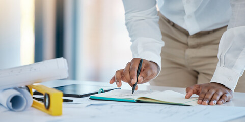 Poster - Architect hands drawing architecture sketch design with blueprint, floor plan engineering paper and notebook planning in a studio. Business industry worker working on a project company development
