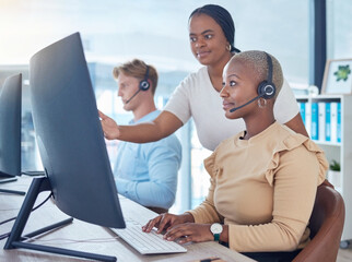 Sticker - Call center manager coaching sales consultant, telemarketing employee and crm customer service worker with computer software in office agency. Mentor training woman with pc tech solution and strategy