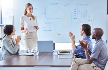 Aufkleber - Clapping, success workshop or teamwork business meeting for happy creative marketing speaker on office whiteboard. Diversity, motivation or planning kpi data idea in training or strategy presentation