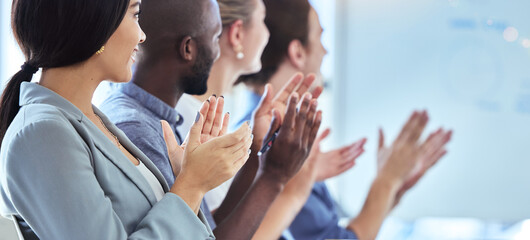 Wall Mural - Motivation, innovation and community support by clapping workers at a conference or presentation. Diverse team applause, cheering and inspired at a training seminar or meeting, positive audience