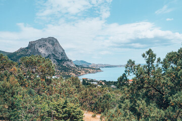 A nature scenery of a calm sea and green bushes, with Lions Head mountain in the horizon. Landscape of the ocean near the mountains with blue cloud sky and copy space. High quality photo