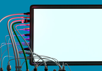 Poster - Wires plugged into monitor. Lot of wires come out of wall of monitor. LED screen monitor display. 3D image
