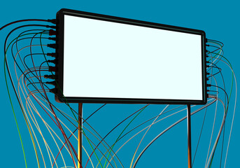 Poster - Wires plugged into monitor. Lot of wires come out of wall of monitor. LED screen monitor display. 3D image