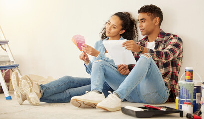 Canvas Print - Painting, building or renovation with a couple in a home and talking about a color pallet for a DIY project in a house. Young man and woman in conversation about an idea while busy with an addition