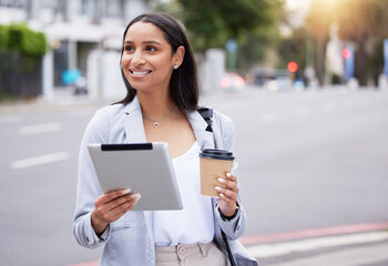 Poster - Business coffee, digital tablet and street walk commute office or lunch break in the city. Corporate woman with technology for wireless communication while traveling outside the workplace.