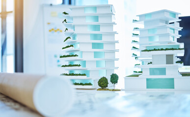 Poster - Architecture, design and 3D building of a creative plan for construction with blueprints on a table in an office. Business plans of architectural work for development out on a desk in the workplace.