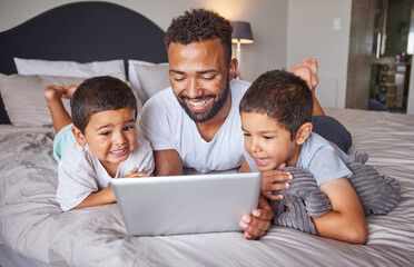 Canvas Print - Happy, father and kids watching entertainment shows on digital tablet in the bedroom at home. Technology, man and children relax on bed together to bond and have fun streaming with fast 5g internet.