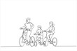 Cartoon of family father and mother teaching their son to ride bicycle at the park. Single continuous line art style
