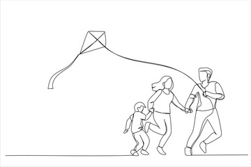 Illustration of father, mother and kid flying a kite outdoor. One line art style