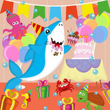 Fototapeta Dinusie - cute shark illustration celebrating birthday with friends, eps, vector, editable