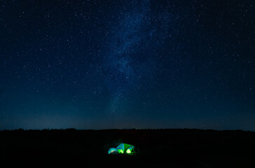 Tourist tent at night under the night sky and milky way.