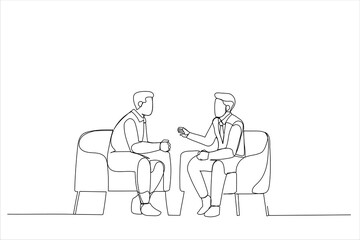 Drawing of businessmen discussing deal, sharing startup ideas, business partners negotiations or job interview. Single line art style