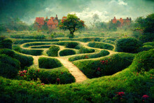 England Maze Garden. Labyrinth Garden. Fantasy Backdrop. Concept Art. Realistic Illustration. Video Game Background. Digital Painting. CG Artwork. Scenery Artwork. Serious Painting. Book Illustration.