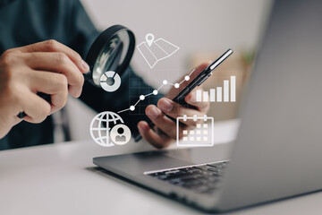 Poster - Analyzing graphs and charts with a magnifying glass, a smart business analyst calculates or searches for market expansion, financial reports, investment data, or sales information concepts.