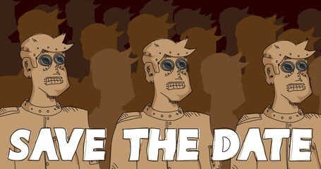 Poster - Robot Army with Save The Date Text. Line Art Animated video. Future Robotics Cartoon Animation.