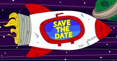 Poster - Rocket in Space with Save The Date text on the window. Line Art Cartoon Animation.