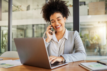 Aufkleber - Business woman working on laptop in office, in conversation on phone and talking with people on smartphone at work. Happy corporate worker, employee and manager reading email at marketing company