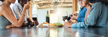Wine Tasting And Cheese Platter With Friends At A Restaurant Or Estate In The Winery In The Agriculture Or Sustainability Industry. Drinking Alcohol With A Group On A Farm To Drink Or Taste