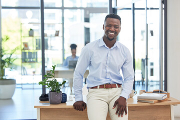 Poster - Smiling, motivated and ambitious business man feeling excited about a new job opportunity in creative office. Portrait of confident and inspired marketing agent with vision, growth mindset and ideas